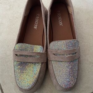 Women's Tan Loafers with Rhinestone Detail